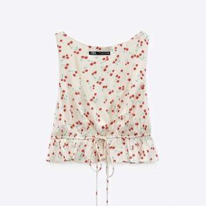 Zara satin cherry print ruffle tie front top